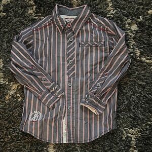 Guess Men's Gray and Red Striped Button-Down Shirt